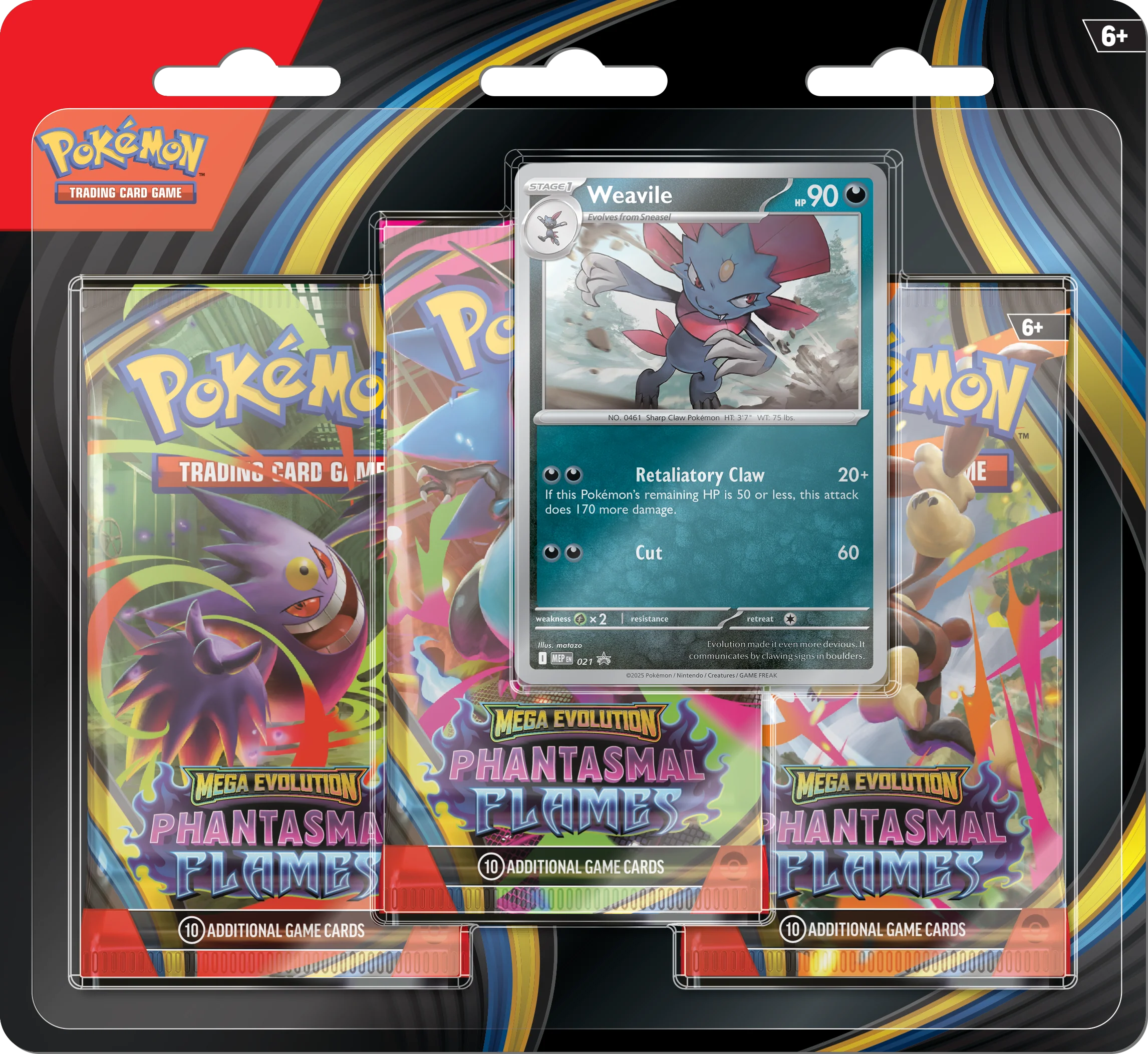 Pokémon TCG: Mega Evolution - Phantasmal Flames | Three-Booster Blister Pack - Weavile Promo Card